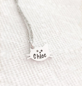 Hand-stamped Cat necklace with name