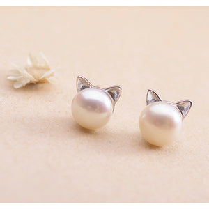 Faux Pearl Stud Cat Earrings