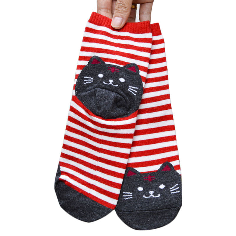 Cotton Striped Kitty Socks